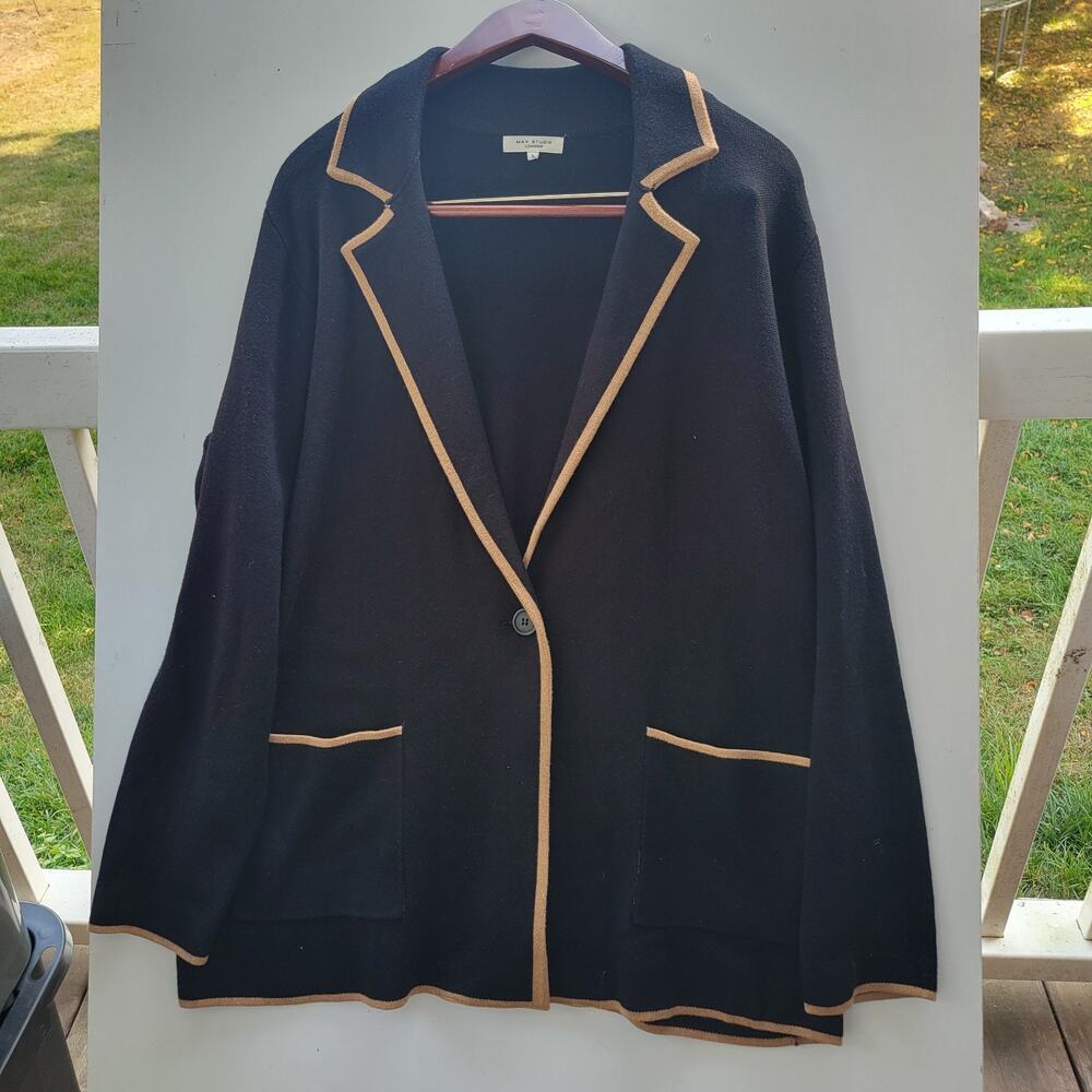 Max Studio Sweater Size Large Black With Tan Cardigan Blazer Old‎ Money Preppy